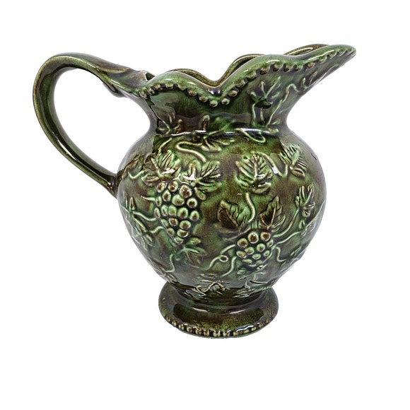 Handmade Other - Vtg Signed Ceramic Pitcher Green Majolica Style Jug Dark Academia Cottagecore 6"